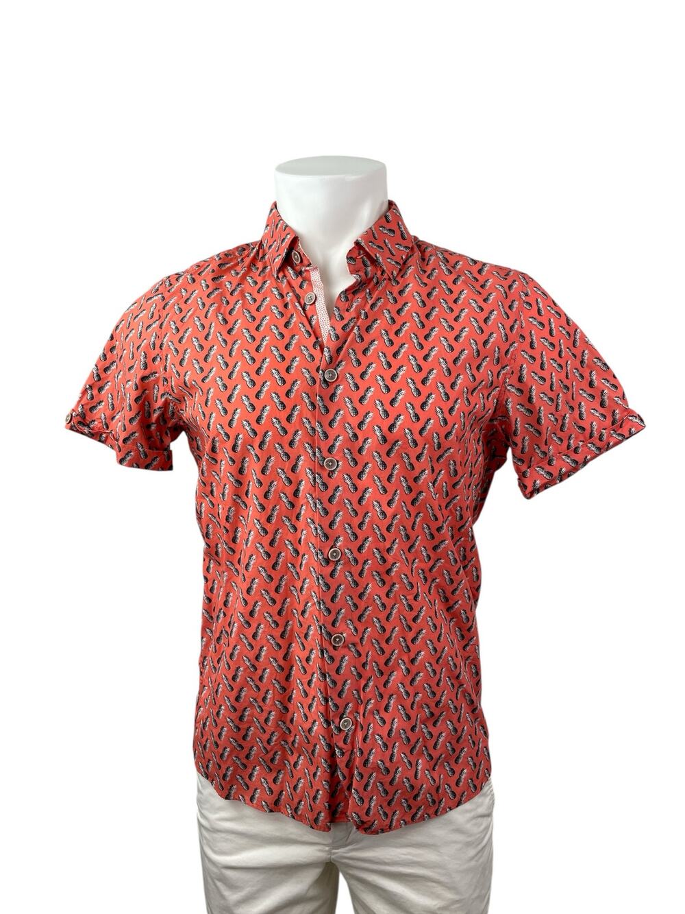 Ted Baker Women's Red Pineapple Short Sleeve Casual Button Down Shirt Top Size M